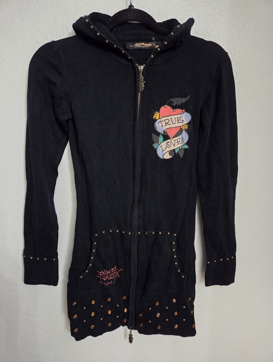 Ed Hardy Sweaters - Ed Hardy Christian Audigier True Love Sweater Women's Size Xsmall Zip Up Y2K